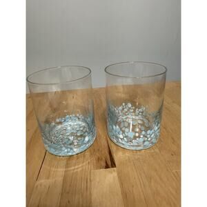 White & Baby Blue Murano Style Confetti Glass Tumbler Hand Blown SET 2 4” Tall